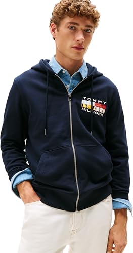 Image of Tommy Hilfiger Men’s Colour Flag Zip Through Hoodie with Logo, Blue (Desert Sky), XL