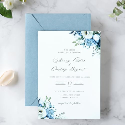 PONATIA 50 PCS A7 Envelopes, 5.25 x 7.25\'\' Matte Dusty Blue Envelopes For 5x7\'\' Weddings Invitation Cards, Christmas Gift Cards, Acrylic Invitations, Photos and Any 5x7\" Inserts
