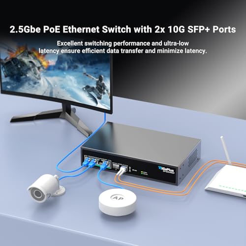 Image of 6 Port 2.5Gb Unmanaged PoE Switch with 4*2.5G Base-T PoE Ports, 2*10G SFP+ Uplink, 802.3af /at (PoE+), 60Gbps Switching Capacity, GigaPlus 2.5G PoE Switch for 2.5Gb NAS /PC, WiFi6 Router, Wireless AP