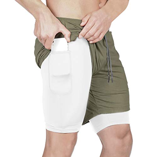 BOOMLEMON Men's 2-in-1 Workout Quick-Dry Shorts Gym Running Training Short Pants with Pockets(Army Green L/Tag 2XL)