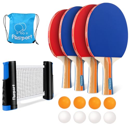 Sets de Ping Pong Portátil con 4 Raquetas, Red Retráctil, 8 Palas y 1 Bolsa de Transporte, Tenis de Mesa Set para Interior Exterior Niños Adultos