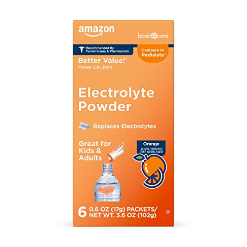 Image of Amazon Basic Care Electrolyte Powder Packets for Kids & Adults, Orange Flavor, 6 Count (Pack of 1)