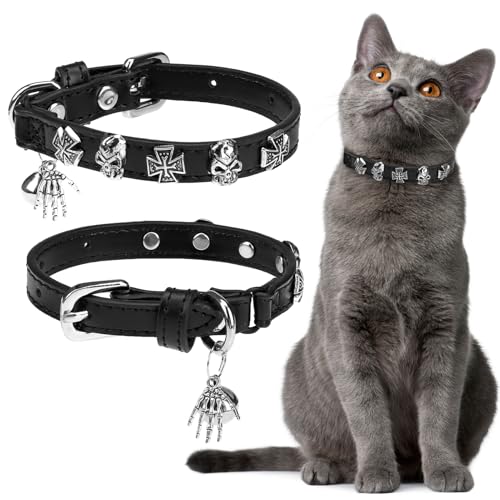 EXPAWLORER Leather Cat Collar for Girl Boy Cats,Black(Skull),S