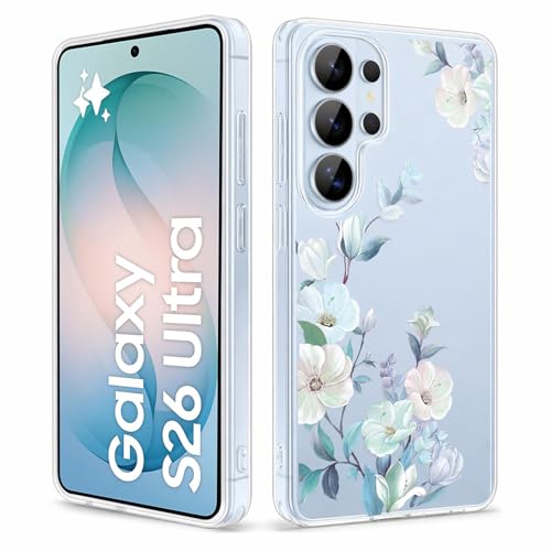Image of Elzzi Clear Transparent Flower Cover for Samsung S26 Ultra 5g Case Shockproof Floral Design Camera Protection Shockproof PC+TPU Transparent Flower Cover for Girls & Women (Blue)
