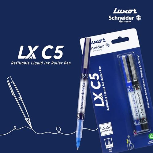 Luxor Schneider LX C5 Roller Pen, Pack of 2-Blue+Black, Cone Tip, 0.5mm, 100% German Technology, 1000+ mtrs writing length, Waterproof Ink, Ideal for Students & Professionals