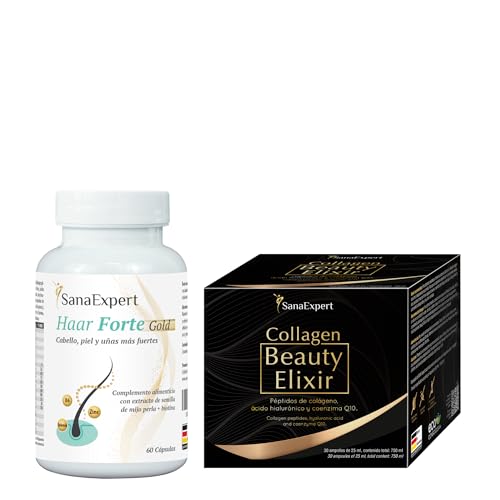 SanaExpert® Haar Forte Gold + Collagen Beauty Elixir – Pack Belleza Cabello y Piel | Con Biotina, Zinc, Colágeno y Ácido Hialurónico | 60 Cápsulas + 30 Ampollas | Fabricado en Alemania