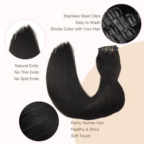 Image of GOO GOO Clip in Hair Extensions Real Human Hair, Remy Human Hair Extensions Clip ins for Women, Natural Human Hair, 18inch 110g 7Pcs, 1B Natural black