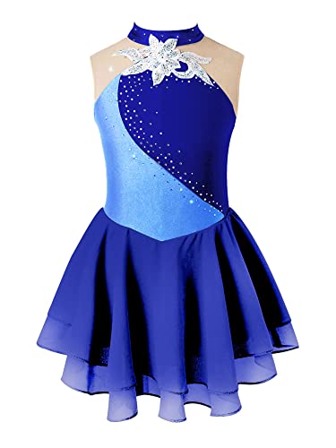 iEFiEL Mädchen Eiskunstlauf Kleid Glitzer Ballettkleid Ärmellos Ballettanzug Ballett Trikot Body mit Strass Wettbewerb Kostüm Gymnastikanzug Yb Navy Blau 146-152