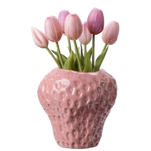 Navaris Florero de Fresa - Jarrón Decorativo Moderno de Cerámica con Forma de Fresa - Vasija de Decoración para Flores de Centro de Mesa - 15 x 16 x 16 cm - Rosa