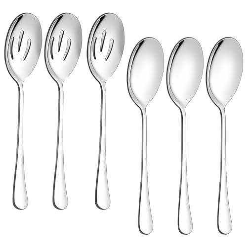 SULIVES 6-Piece Stainless Steel Serving Spoons Set - 3 Large Serving Spoons & 3 Slotted Spoons - Buffet, Party, Banquet, and Kitchen Utensils - Silver, SLV-LC10556