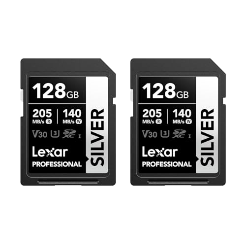 Lexar Silver SD Karte 128GB 2-Pack, UHS-I SDXC Card 205 MB/s Read Speed, 140 MB/s Write Speed, V30, U3, C10, 4K UHD Video, SD Card Memory Card with Lexar Lifetime Data Recovery