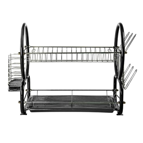 SK COOKWARE 2 Tier Stainless Steel Dish Drainer Drying Rack with Cutlery Holder Compact Black Dish Rack for Kitchen Counter Drip Tray, Glass & Utensil Holder