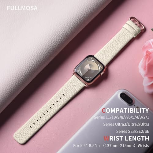 Image of Fullmosa Compatible with Apple Watch Band 45mm 44mm 42mm 41mm 40mm 38mm Stainless Steel Buckle, Leather Watch Strap for iWatch Series 8 /7 /6 /SE /5 /4 /3 /2 /1 for Men Women, Ivory White /Rose Gold Buckle