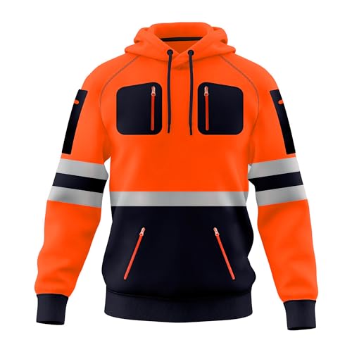 Mens Hi Vis Work Wear Pullover Hoodie Safety Sweatshirt Reflective Tape High Viz Hoodie High Visibility Sweatshirt Top Multi Zipper Pockets S-2XL