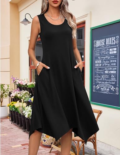 HOTOUCH Women's Casual Summer Dress Sleeveless Sundress Hankerchief Hem Midi Tank Dresses Beach Dress with Pockets2