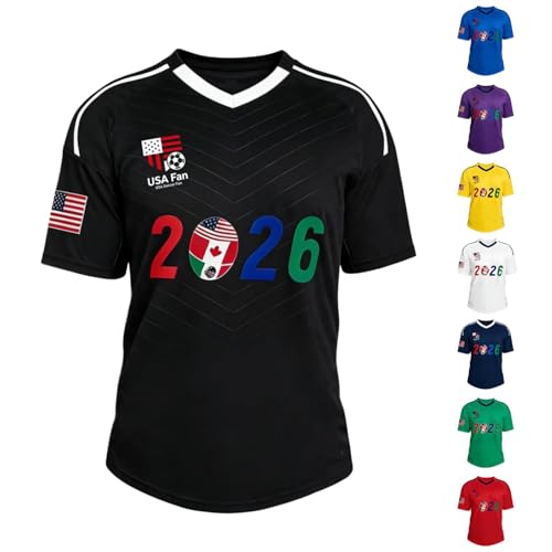 Soccer Cup Jerseys Shirts for Men and Women 2026 Spirit Fans Crew Neck American Flag Short Sleeve Summer Tops Soccer Cup Shirts Oversize Workout Sports Tee Athletic Clothes Black M