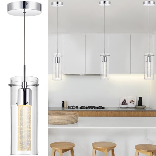 1-Light Mini Pendant Light, Integrated LED Kitchen Island Lighting, Modern Chandeliers for Dining Room Light Fixture Over Table, Hanging Light with Crystal Bubble Glass, 9W,Chrome Finished,ETL Listed