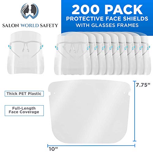 Image of TCP Global Salon World Safety 200 Face Shields with Glasses Frames (20 Packs of 10) - Ultra Clear Protective Full Face to Protect Eyes, Nose, Mouth - Anti-Fog PET Plastic Sanitary Droplet Guard