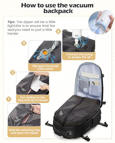 Vacuum Backpack Travel with Pump Women, Carry On Laptop Compression Backpacks Flight Approved, Mochila de Viaje Compresion al Vacio, Waterproof Travel Backpack with Vacuum System Men(black)4