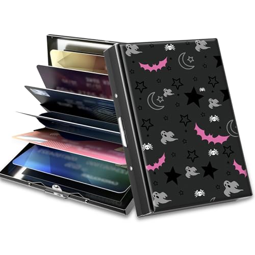 Slim Credit Card Holder, Gothic Skull Moon Stars Bat RFID Blocking Metal Wallet for Men & Women, Aluminum Minimalist Hard Case Pocket-Sized Business Cards Organizer (Fits Up to 10 Cards)