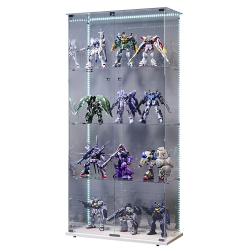 Sorvaglos - Vitrina con tira LED, 4 pisos, puerta de cristal templado, blanco, antipolvo, vitrina vertical para sala de estar, oficina, objetos de colección, 35 x 39,8 x 163 cm
