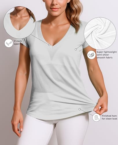 Women's V Neck T Shirts | Short Sleeve Tops | Flowy Slub Burnout Fabric | Active Casual Workout |Multi Packs Colors4