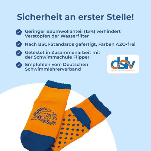 Flipper Swimsafe - Aquasocken mit Anti-Rutsch-Sohle in Blau-Orange, für Kinder und Kleinkinder, für den unbeschwerten Schwimmbadbesuch, Made in Germany