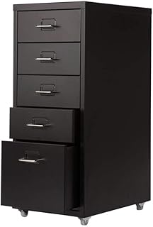 5 Drawer Mobile File Cabinet Lockable Vertical Metal Office Filing Storage Unit with Rolling Wheel D 41 x W 58 x H 69cm (Black)