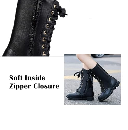 Kkdom Boys Girls Outdoor Casual Shoes Leather Lace-Up Zipper Mid Calf Combat Boots Waterproof Riding Boots #TOP4