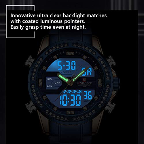 Adaskala NAVIFORCE Quartz Digital Eletrônico Masculino Relógio Dual Time Data Semana Display Backlig