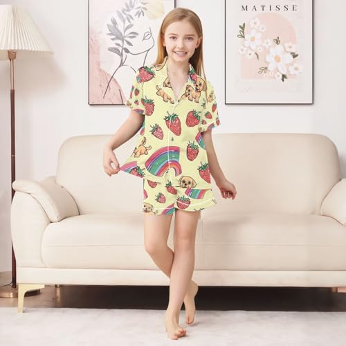 senya Strawberry Puppy Satin Summer Pajama Sets Silk Short Sleeve Button Down Sleepwear4
