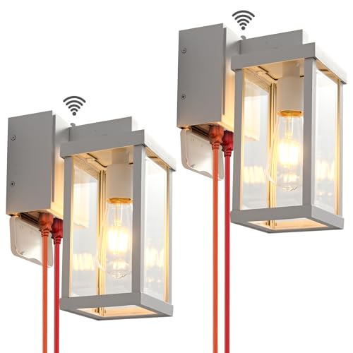 Image of Porch Lights with GFCI Outlets Dusk to Dawn Outdoor Wall Lights Waterproof Exterior Lighting Fixtures Modern Outside Lights Wall Mount for House Patio Garage,White,11.8''H, 2 PC