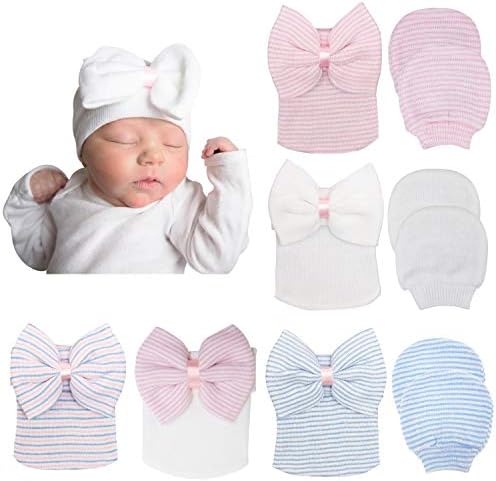 DRESHOW Newborn Baby Hat and Mittens, 5 Hats and 3 Pairs Mittens for Babies, Boys, Girls,Ages 0-3 Months