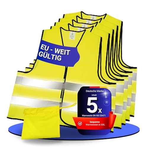elasto Warnwesten 5er-Set im Etui nach EN ISO 20471 Zertifiziert - Warnweste Gelb Einheitsgröße XXL mit Reflektorstreifen - Auto Zubehör
