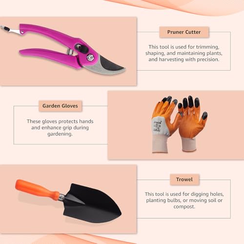 Image of Amazon Brand - Solimo 7-Piece Gardening Tool Kit | Cultivator, Fork, Trowels, Weeder, Garden Gloves, Pruner Cutter | Indoor & Outdoor Gardening Tool Kit