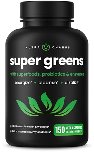 Organic Super Greens Capsules - Daily Fruits and Veggies Supplement - 150 Green & Reds Superfood Pills - 40+ Natural Whole Food Fruit & Vegetables Prebiotic Fiber & Probiotics & Digestive Enzymes