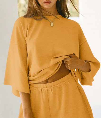 Image of Tankaneo Womens Pajama Sets 3 /4 Sleeve Oversized Tops & Loose Fit Shorts Lounge Set with Pockets Loungewear