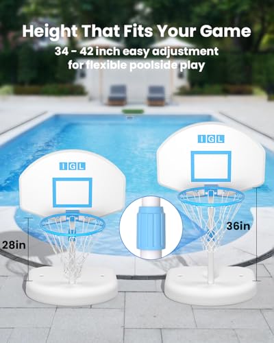 IGL Poolside Basketball Hoop, Swimming Pool Basketball Hoop with 28 Inch Backboard, Height Adjustment Pool Basketball Goals with Stainless Steel Rim, Includes 2 Balls & Pump — view 4