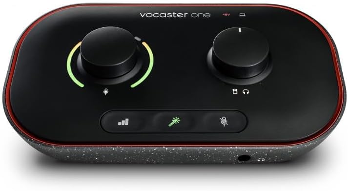 Focusrite Vocaster One — Podcasting Interface for Recording as a Solo Creator. Use Auto Gain, Enhance, and Mute for Easy Podcasting. Small, Lightweight, and Powered by Computer
