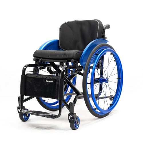 Silla de ruedas deportiva ultraligera, plegable, reposapiés ajustable y altura del asiento, frenos de mano, adecuada para adolescentes, adultos y personas mayores (azul 1, ancho del asiento 39