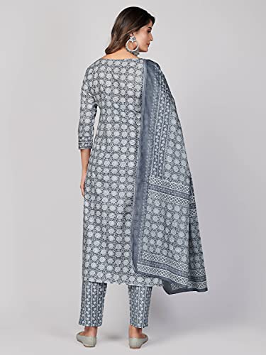 Image of Vbuyz Women's Printed & Embellished & Mirror Work Straight Cotton Stitched Kurta set | Straight Kurta Pant Dupatta | Kurta Set with Dupatta for Women | Suit Set | Ethnic Set | Printed Kurta Set