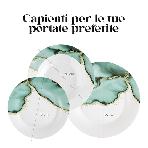 Baroni Home Servizio di Piatti da 18 pezzi in Porcellana, Servito da Tavolo Colorato per 6 Persone, Piatto Fondo, Piano, da Frutta o Dolce, Stile Marmorizzato - immagine 5