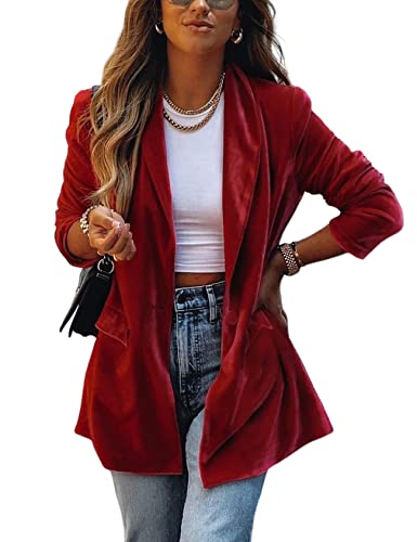 Yimoon Women's Velvet Blazer Suit Open Front Cardigan Jacket Loose Fit Outerwear(Red-Xs) #TOP29