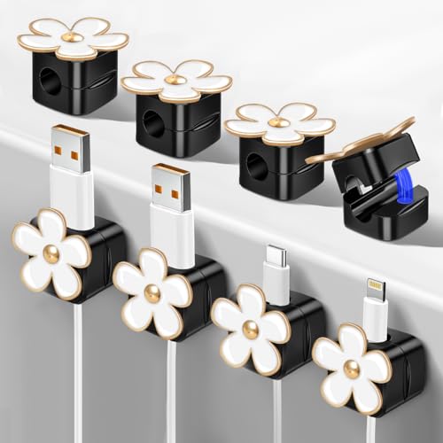 Magnetic Cord Organizer, Easy Secure Adhesive Cable Management, Wire Holder Organizer, Hide Or Organize Phone USB Charger Cable Clips for Home,Office,Car,Desk,Nightstand (White Flower-8 Pack)