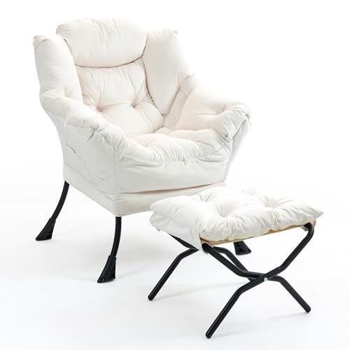 TIANSHU Sillon Relax Sillón con Reposapiés, Sillones para el Salón de Terciopelo, Butaca con Soporte para el Cuello Sillon Lectura Patas de Metal Butaca Dormitorio Sillón Tapizado (Beige)