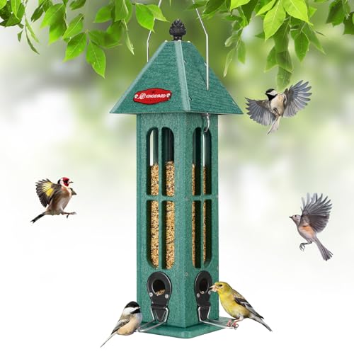 Kingsyard Rainproof Bird Feeder for Outdoor Hanging - Recycled Plastic Wild Bird Feeder with 4 Metal Ports, Garden Yard Decorations for Cardinals Finches, Green