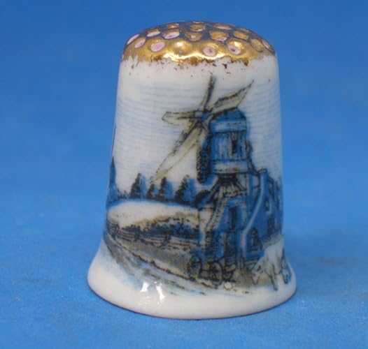 Porcelain China Collectable Thimble - Blue Dutch Gold Top - with Display Box