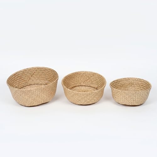Image of Habere India-All the Cultures Fabricating India Wicker Basket for Plants | Baskets Home Decor | Bamboo Storage Baskets | Toy Organiser | Seagrass Belly Basket - Round; Beige (Set of 3 - S; M; L)