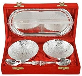 Elegant Silver-Plated Bowl, Spoon & Tray Set – Lightweight Dessert & Dry Fruits Serving | Perfect for Diwali, Christmas, Eid, Weddings & Home Decor