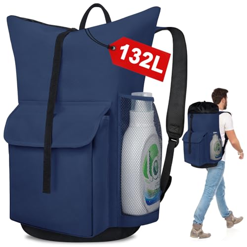 Grande zaino per la biancheria con spallacci con coulisse 105 l regolabile ed estensibile cesto portabiancheria con 4 tasche per dormitorio universitario borsone per viaggi lavanderia a gettone